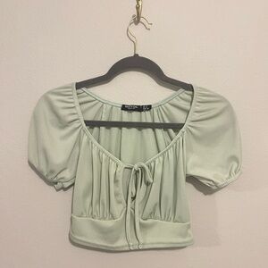 Nasty Gal Sage Green Ribbed Puff Sleeve Tie-Front Crop Top